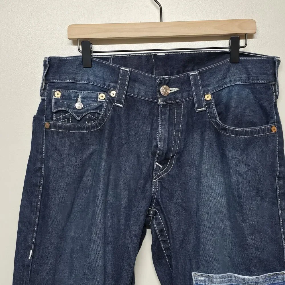 True Religion Mens Knee Patchwork‎ Bootcut With Flap Dark Wash Denim Jeans Sz 34
